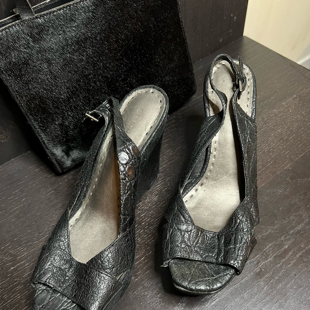 Black Leather wedge sandal